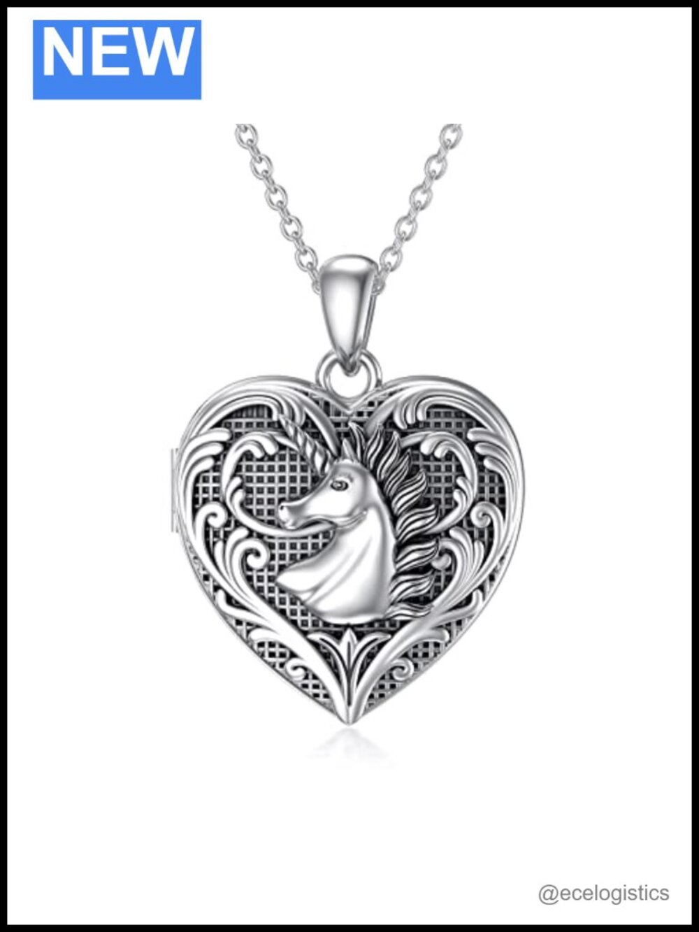 Sterling Silver Heart Shaped Unicorn Locket Necklace